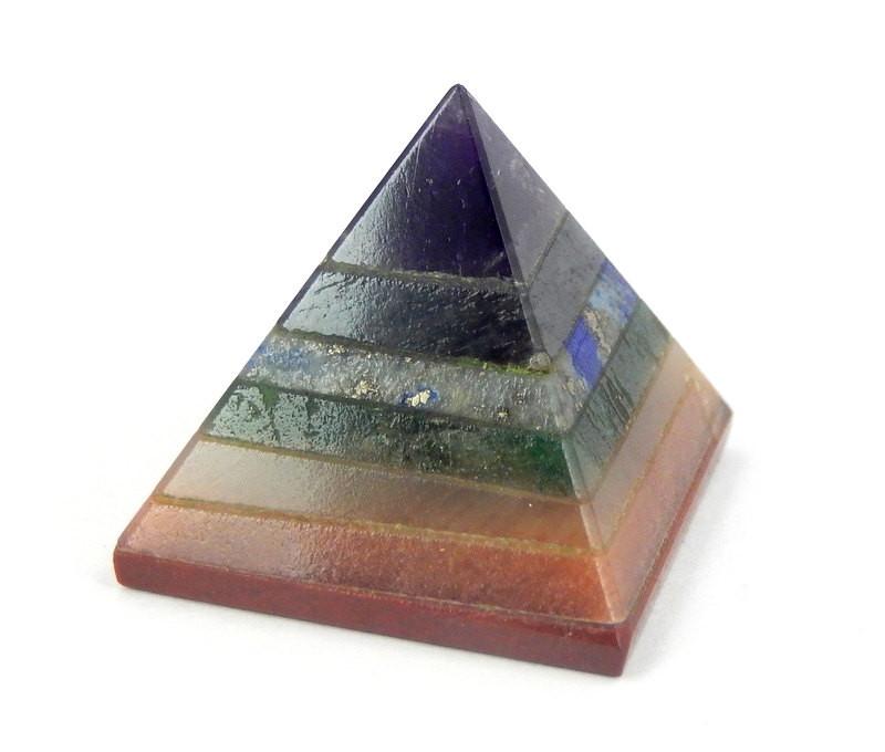 close up of chakra pyramid showing the different stone layers 