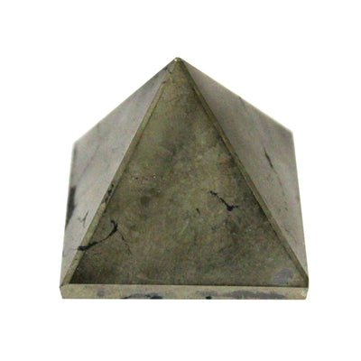 Frontal view of Pyrite shaped pyramid on a white surface.