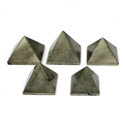 Frontal view of five Pyrite shaped pyramids.