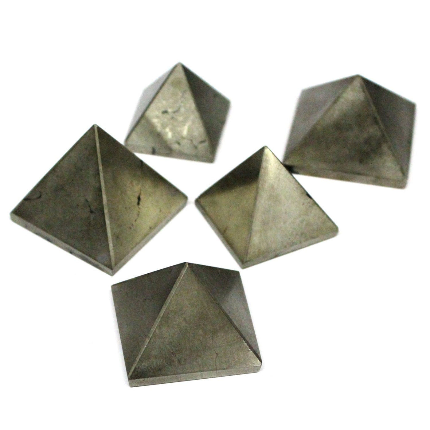Angled view of view of five Pyrite shaped pyramids.