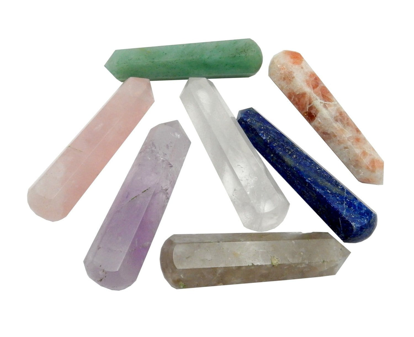 Rose Quartz, Amethyst, Crystal Quartz, Lapis, Green Aventurine, Sun Stone, and Smokey Quartz  points on a white background