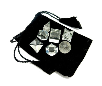 Crystal Quartz Geometric Shape comes with black Bag and square, pyramid, sphere, diamond, icosahedron, dodecahedron, and a merkaba star shapes one each