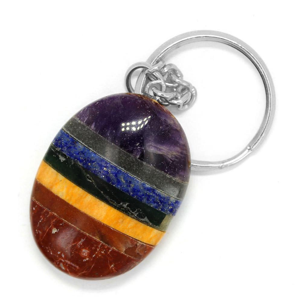 close up of one seven chakra worry stone keychain for details