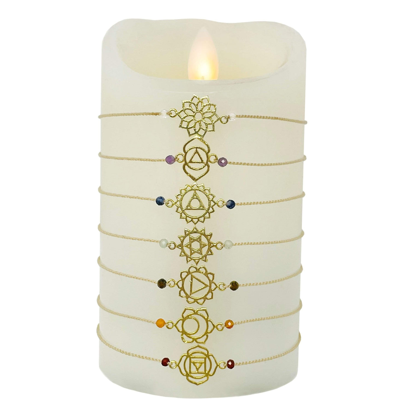 chakra bracelet set in gold displayed to show the differences in the bracelets 