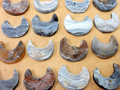 16 Raw Chalcedony Moon Crescents lined up on tan background