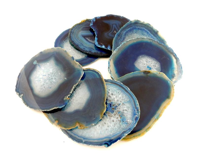 Blue agate coasters expanded to show size, color and pattern variation.
