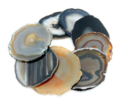 Natural color agate coasters expanded to show size, color and pattern variation.