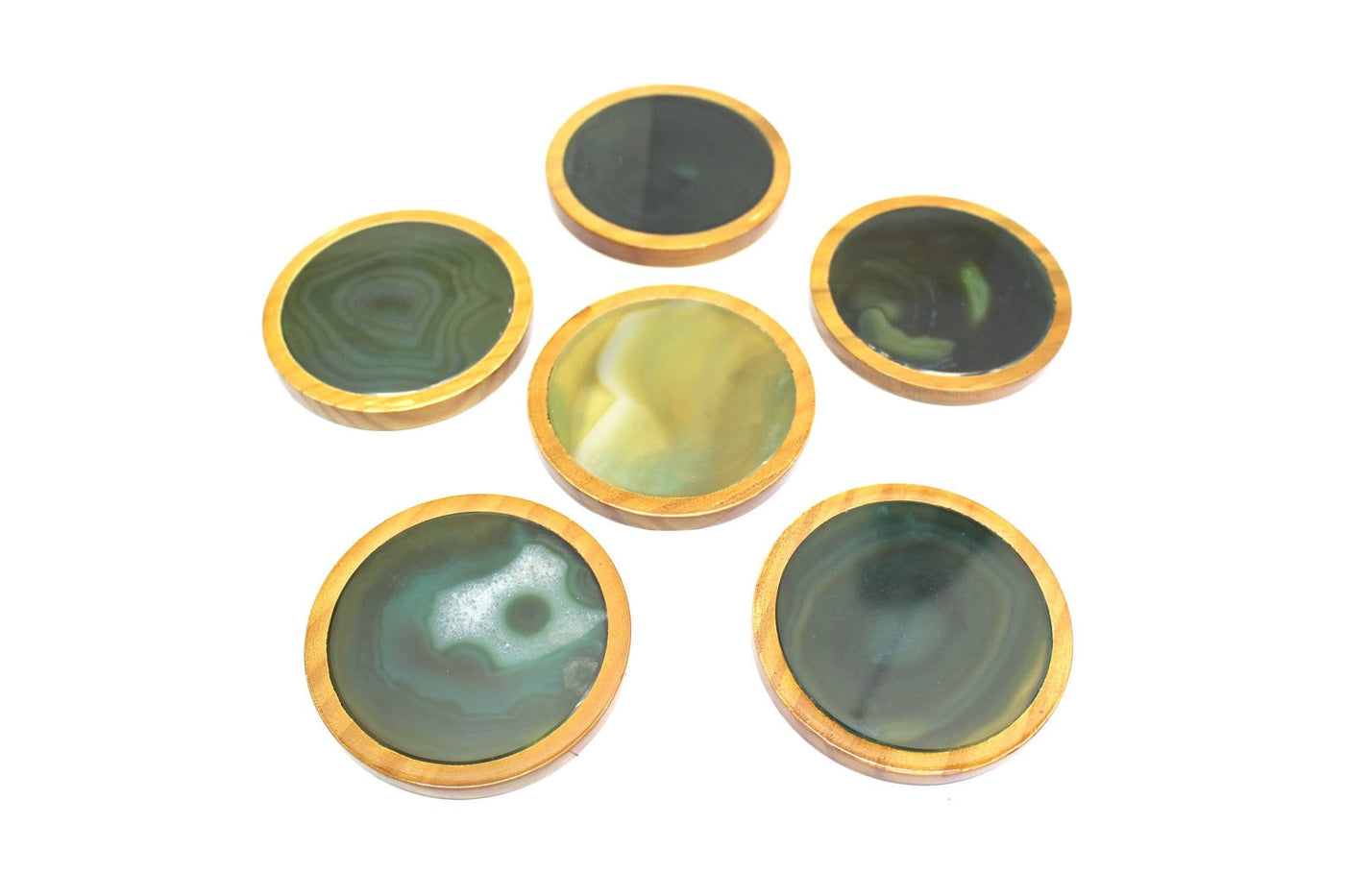 Agate coasters expanded to show color and pattern variation.