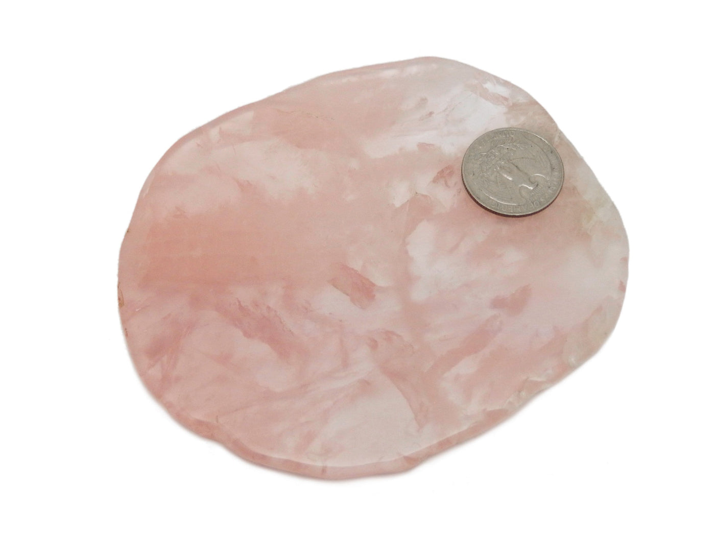 Free Form Stone Coaster - One Rose Quartz Coaster with A Quarter For Size Reference 