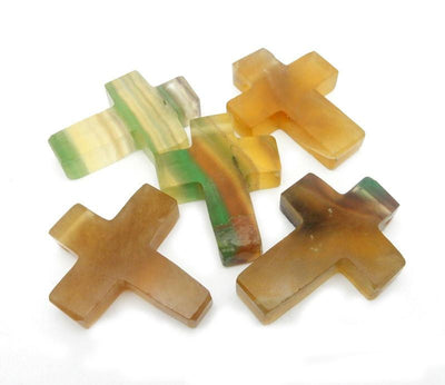 Rainbow Fluorite Cross Pendant Charms showing thickness of stock available