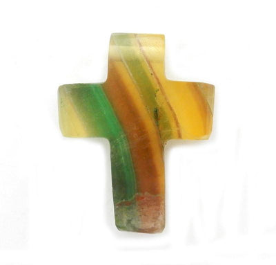 a close up of Rainbow Fluorite Cross Pendant Charm showing beautiful coloring