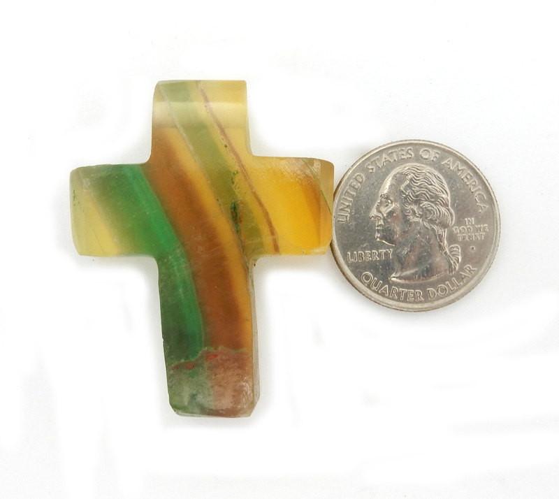 Rainbow Fluorite Cross Pendant Charm next to a quarter for size reference