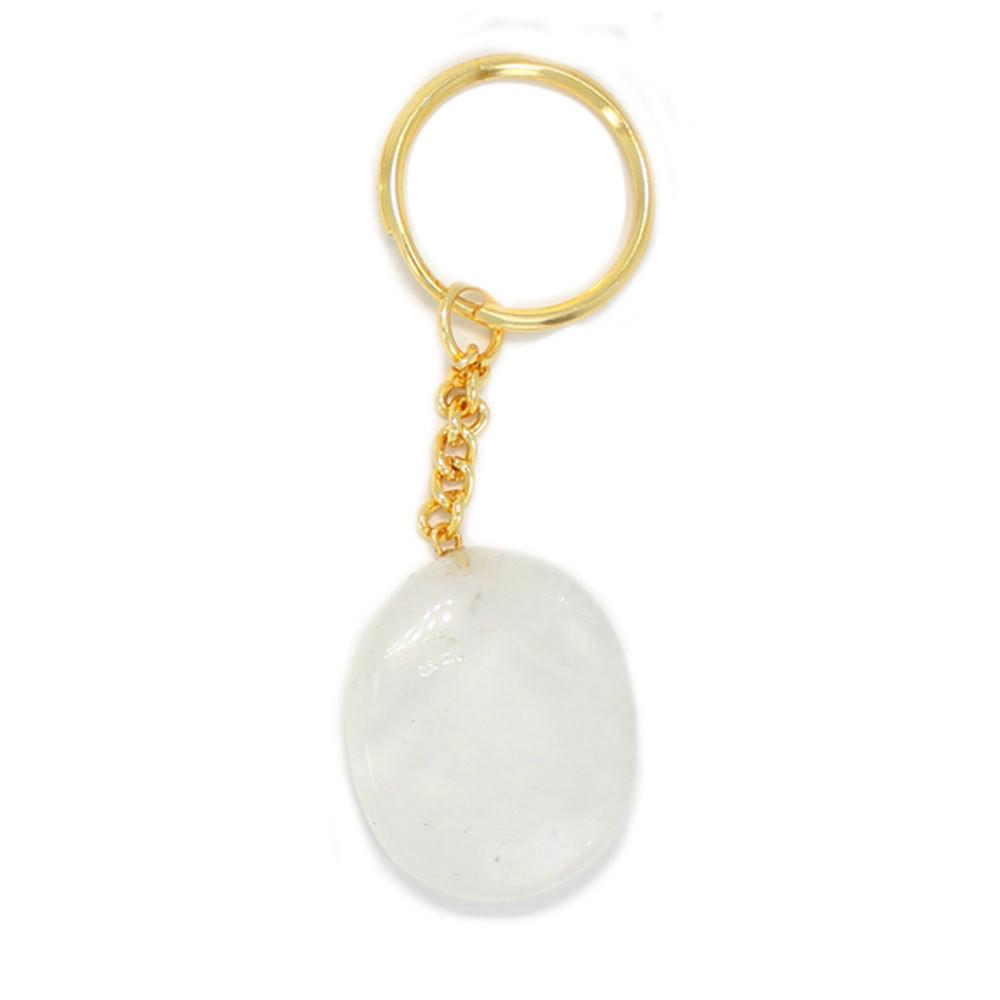 Crystal Quartz Worry Stone  Gold Tone Keychain displayed with white background