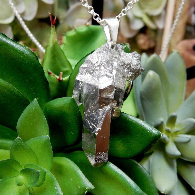 Crystal Quartz with Mystic Silver Titanium Crystal Cluster Point Pendant With Silver Bail shown here on a chain