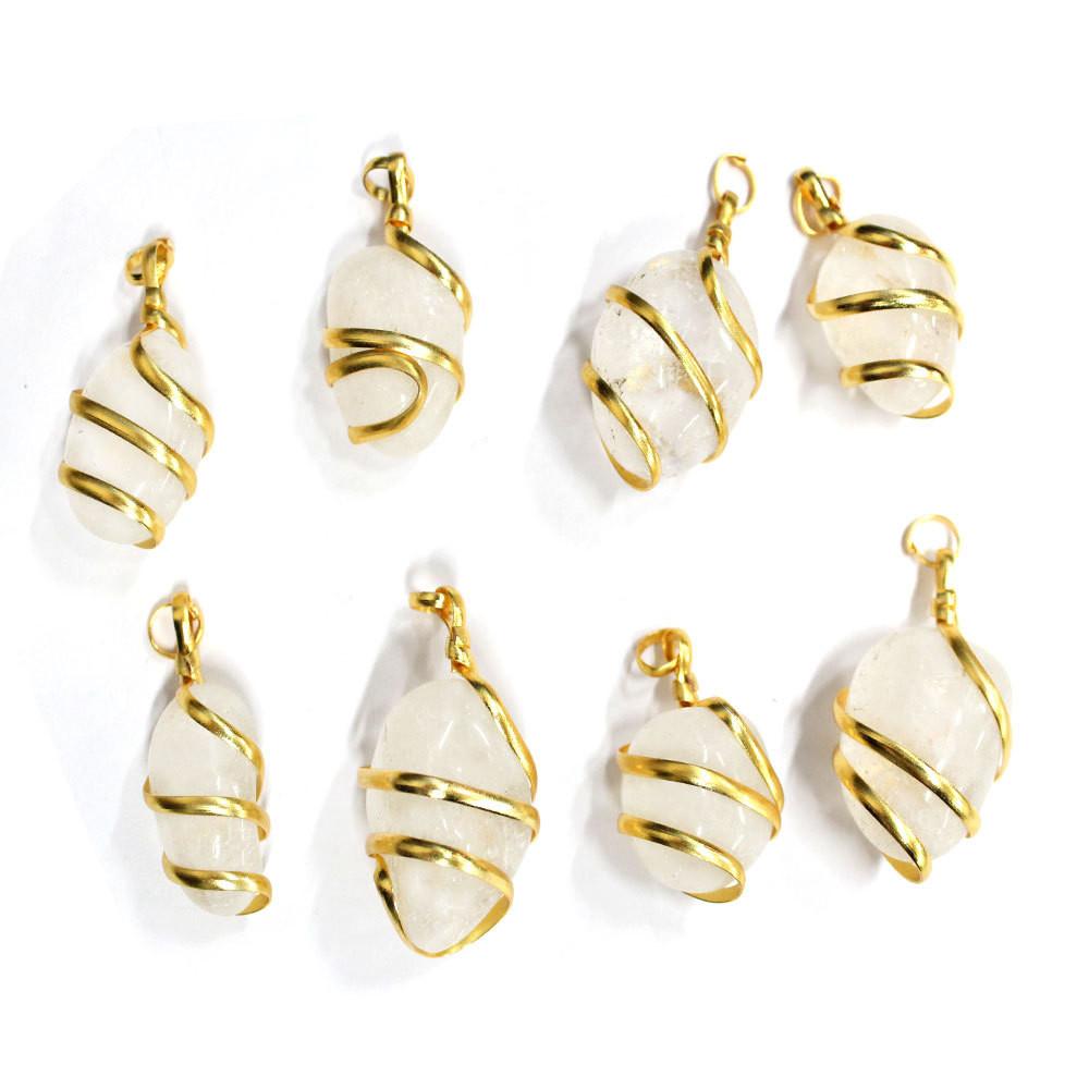 Crystal Tumbled Stone Gold Tone Spiral Tumbled Crystal Quartz Pendants-multiple sizes and shapes. 