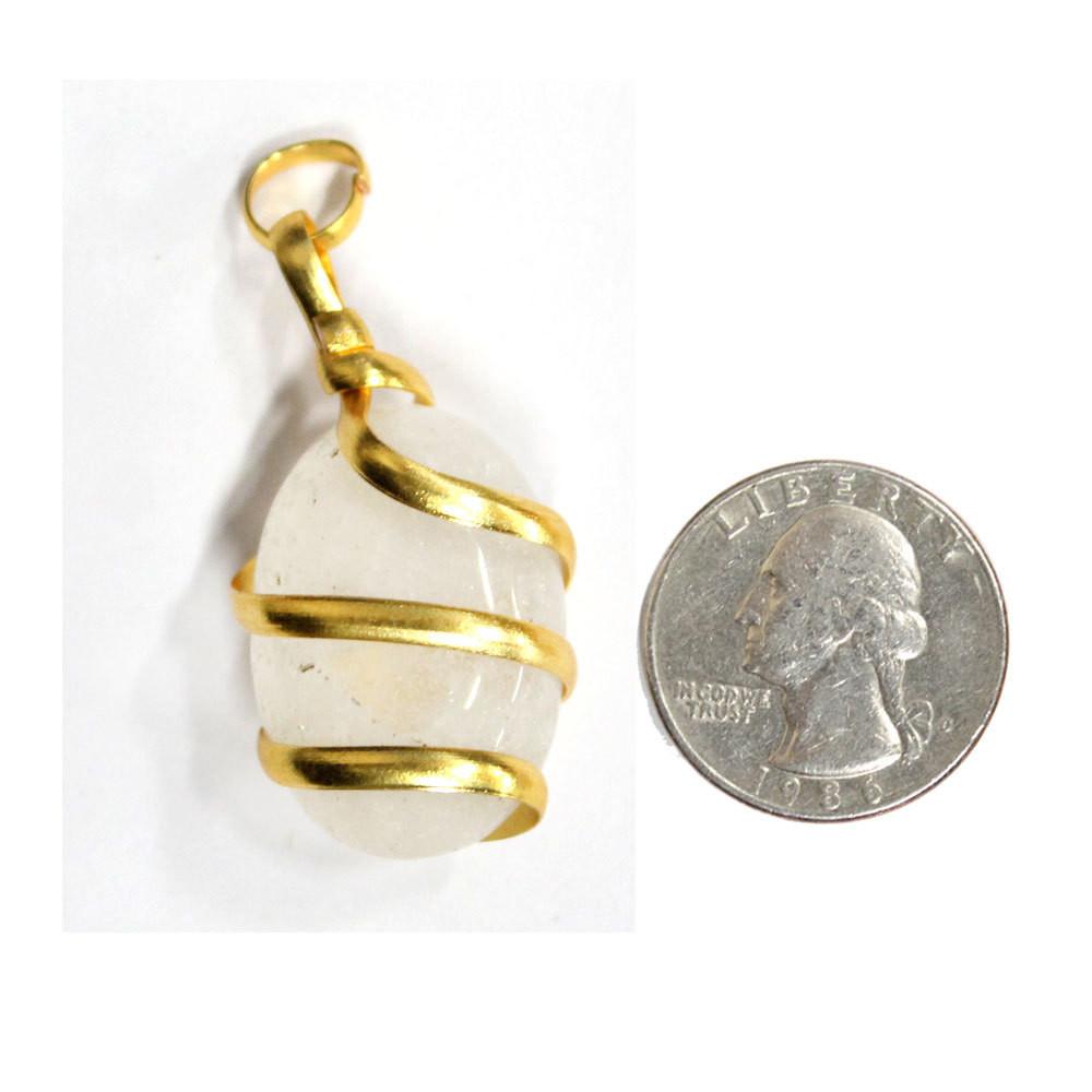 Crystal Tumbled Stone Gold Tone Spiral Tumbled Crystal Quartz Pendant - compared with quarter for size reference. 
