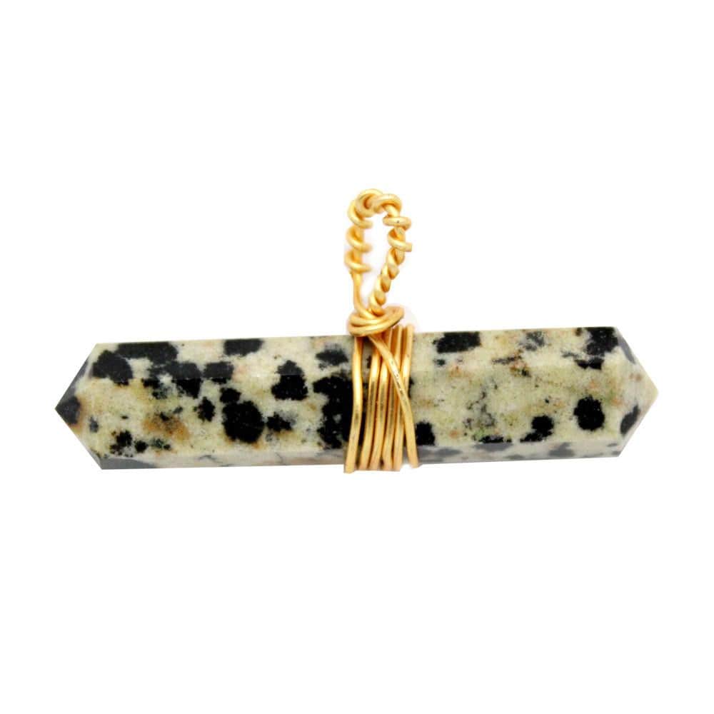 Gold Tone Wire Wrapped Dalmatian Jasper Double Point Pendant on White Background.