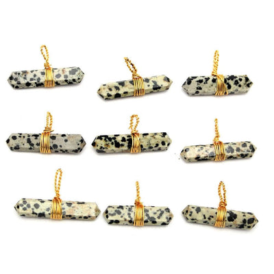 Gold Tone Wire Wrapped 9 Dalmatian Jasper Double Points Pendants on White Background
