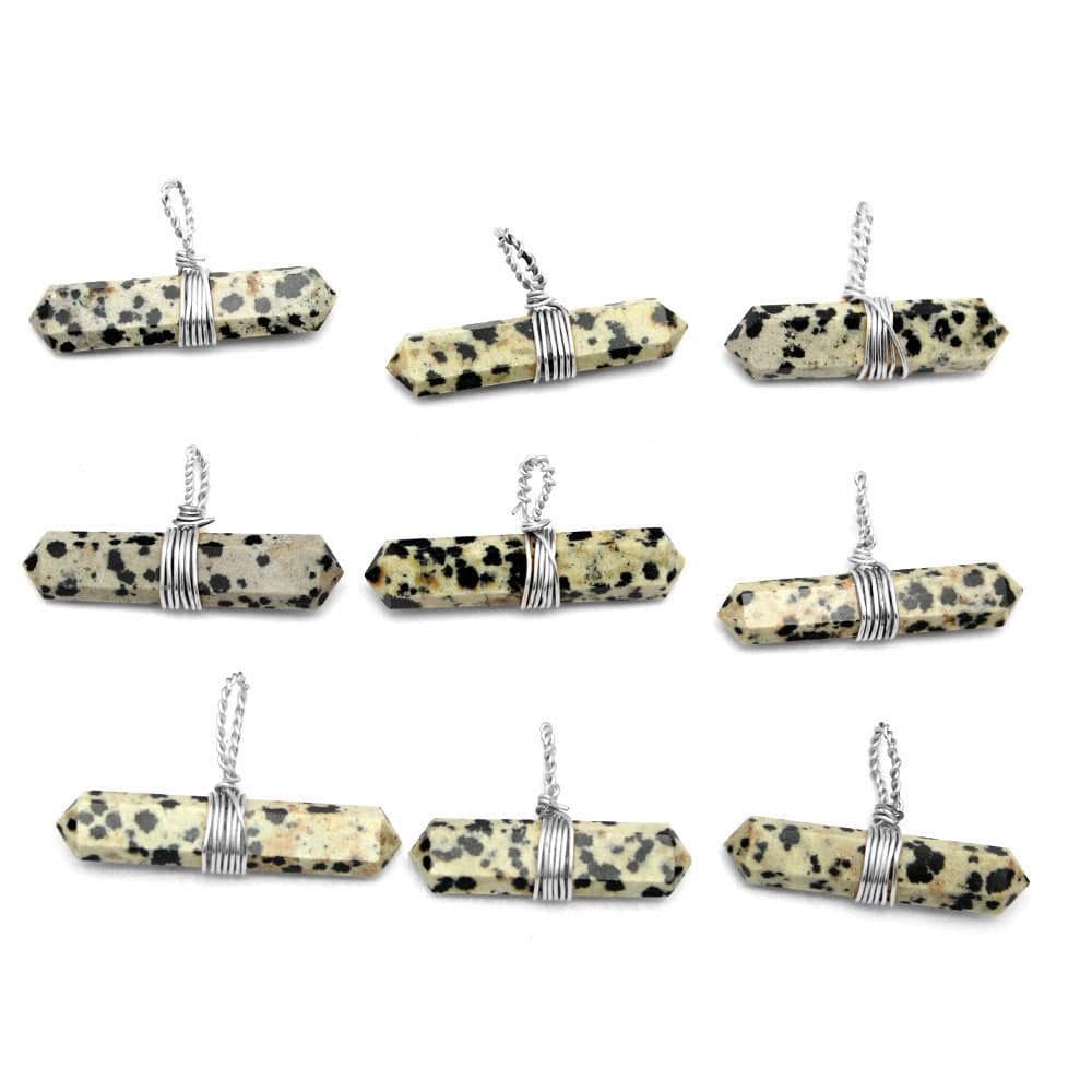 Silver Tone Wire Wrapped 9 Dalmatian Jasper Double Points Pendants on White Background.