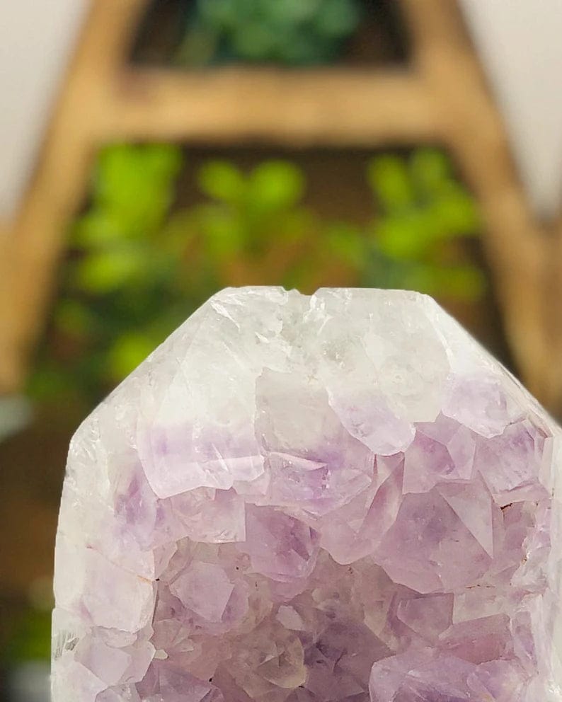 up close shot of top of Amethyst Druzy Polished Tower Point