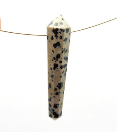 Dalmatian Jasper Double Terminated Pencil Point Top Side Drilled Bead With Wire Shown as Necklace on White Background.