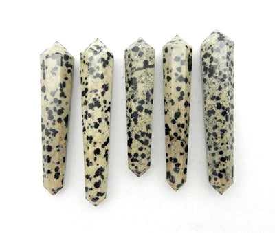 5 Dalmatian Jasper Double Terminated Pencils Point Top Side Drilled Bead on White Background.