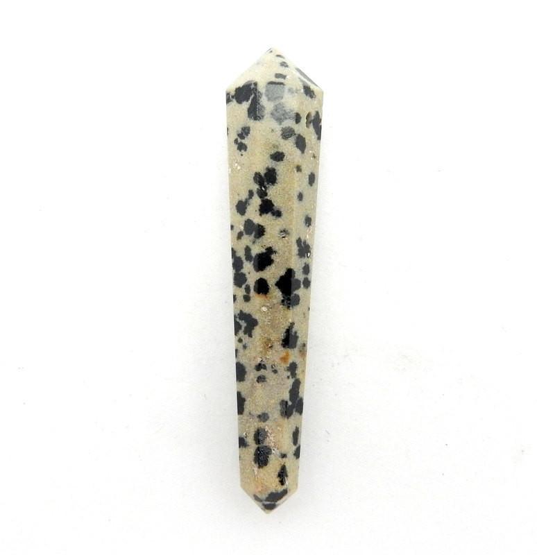 Dalmatian Jasper Double Terminated Pencil Point Bead Top Side Drilled Bead on White Background.