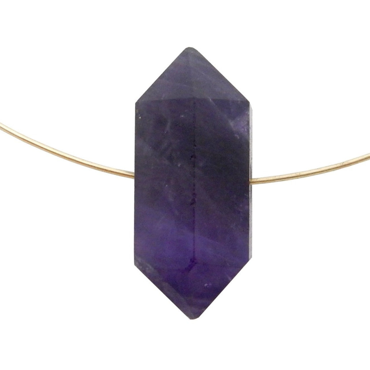 Petite Amethyst Double Terminated Pencil Point Center Drilled Bead displayed with gold wire to show bead style