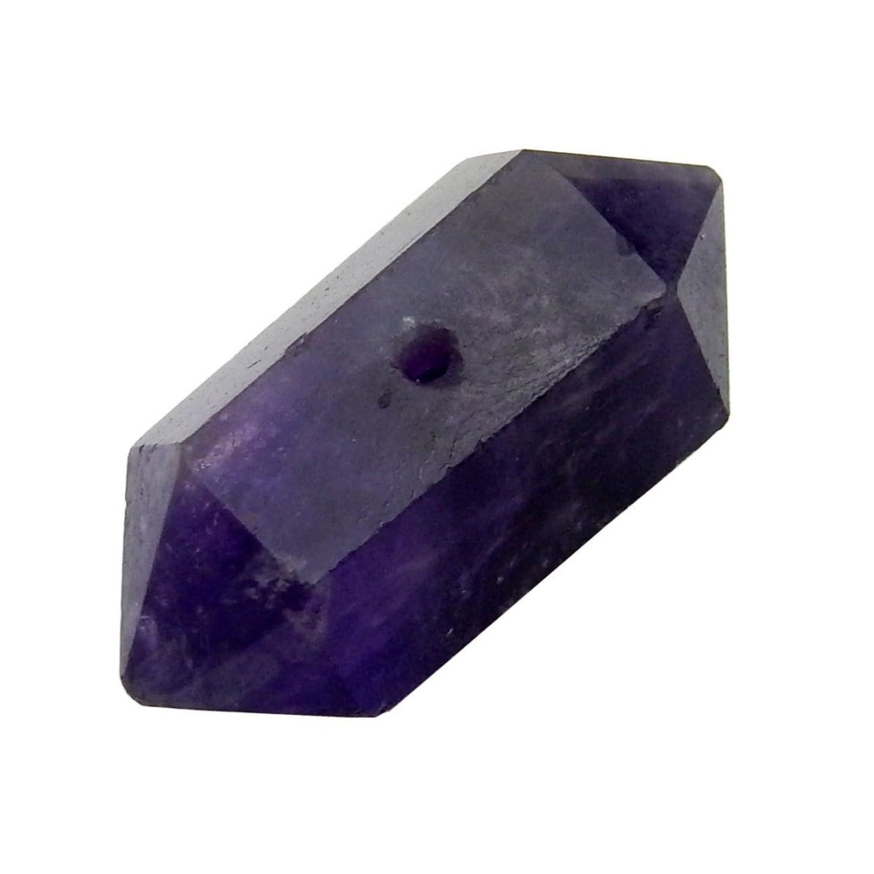 up close of amethyst bead showing drill center