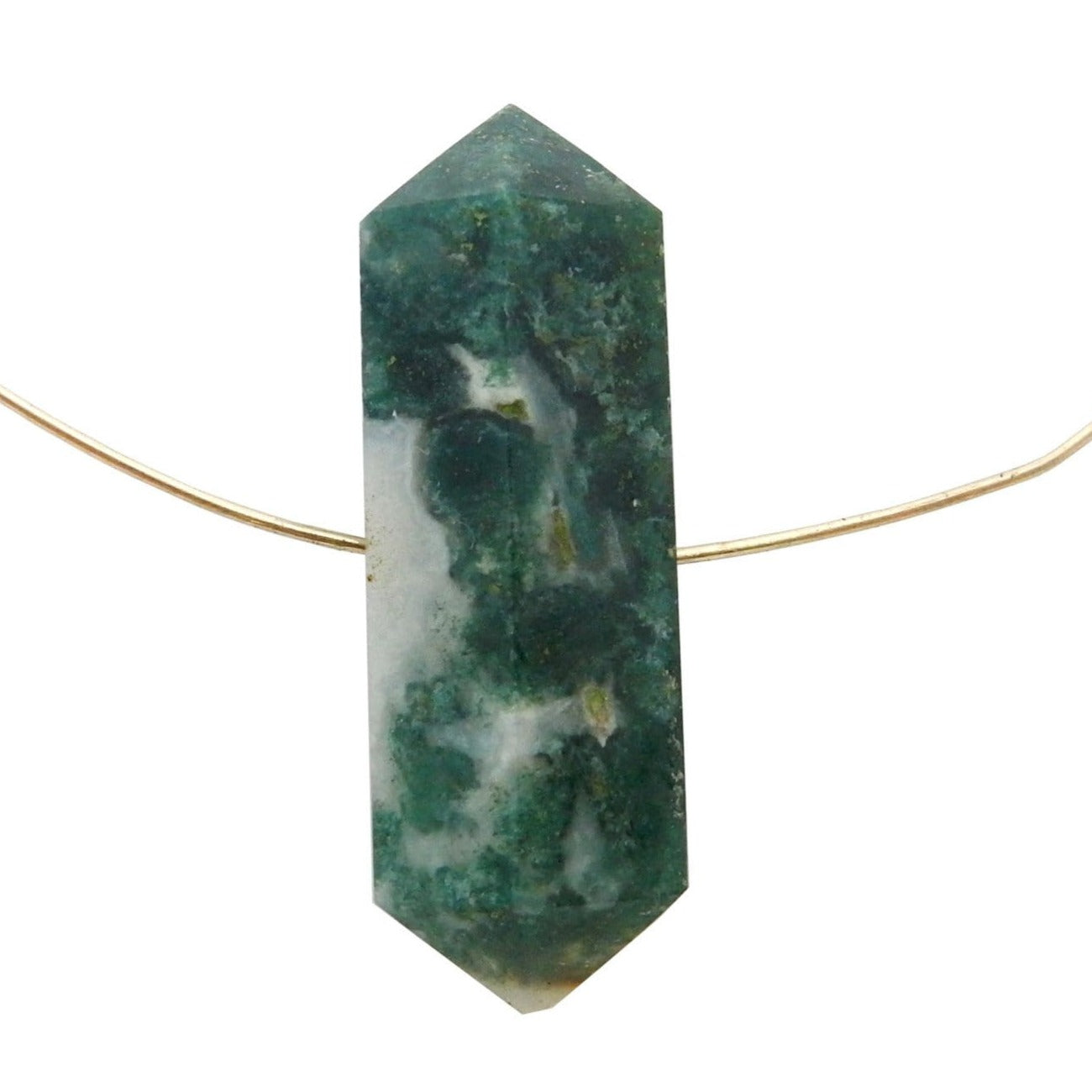Petite Moss Agate Double Terminated Pencil Point in Beautiful shades of green mixed with white with string though the drilled hole (string not included)