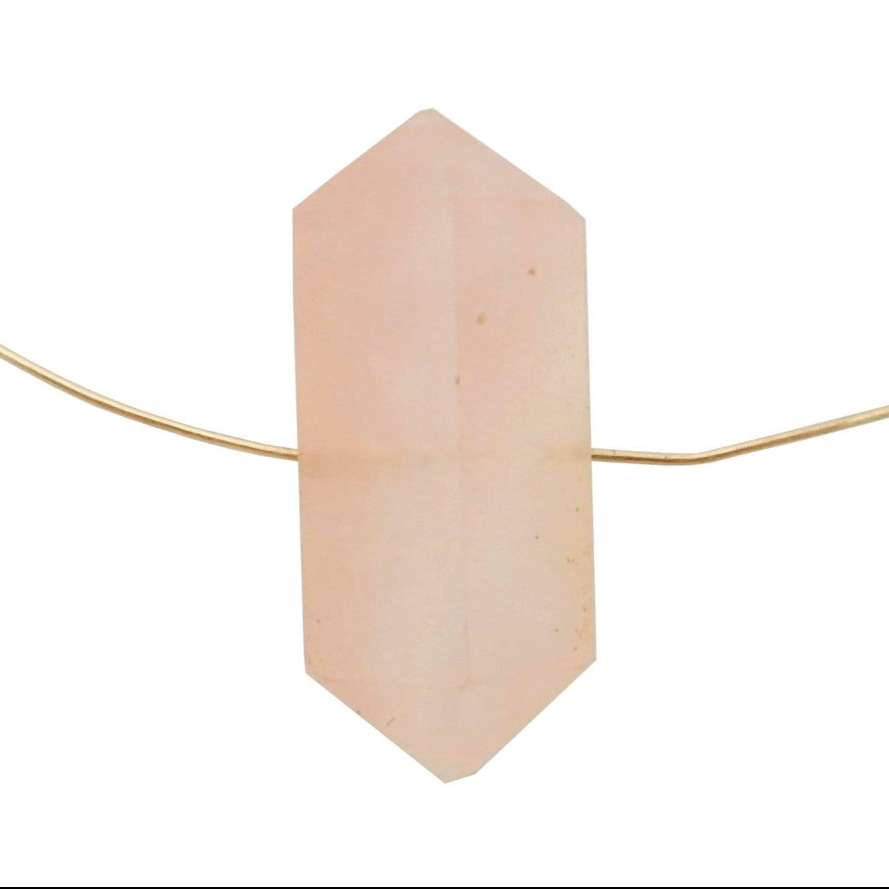 Petite Rose Quartz Double Terminated Pencil Point with wire through the drilled hole in a white background (wire not included)