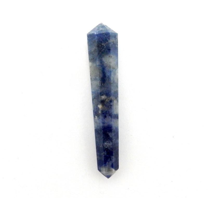 one sodalite double terminated pencil point bead on white background for details