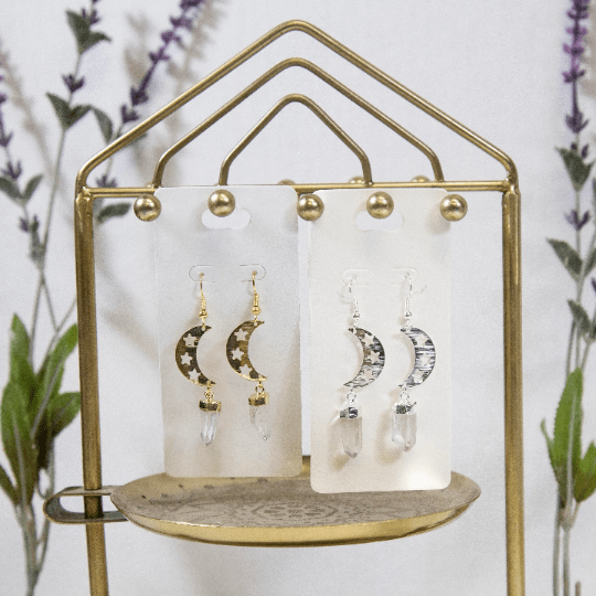 crystal quartz  gemstone earrings with moon accent available in silver or gold