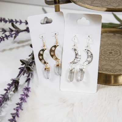 crystal quartz  gemstone earrings with moon accent available in silver or gold