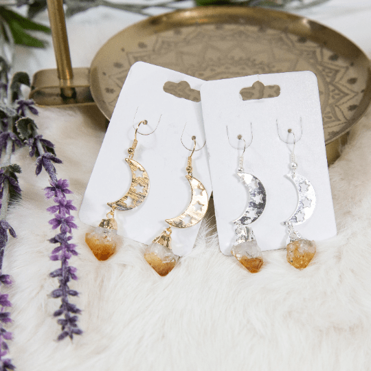 citrine  gemstone earrings with moon accent available in silver or gold