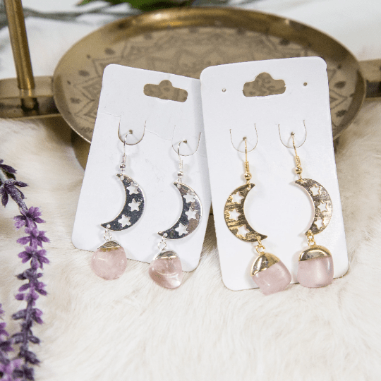 rose quartz  gemstone earrings with moon accent available in silver or gold