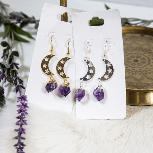 amethyst  gemstone earrings with moon accent available in silver or gold