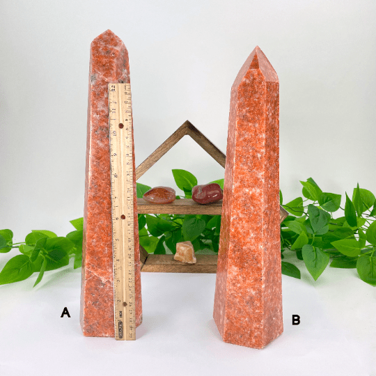 orchid calcite points available in option A or B. displayed next to a ruler for size reference 