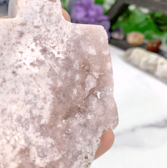 close up of the pink amethyst druzy