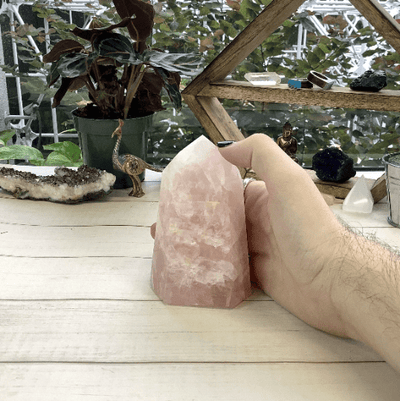 rose quartz point next to hand for size reference 