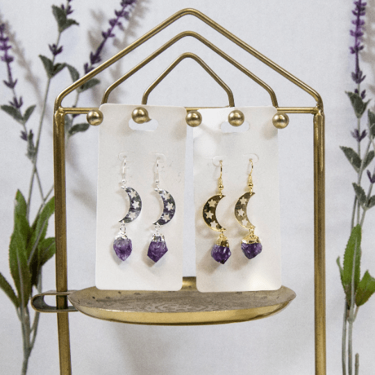 amethyst gemstone earrings available in silver or gold 