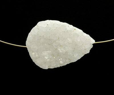 Large White Teardrop Druzy Bead Top To Bottom Drilled center displayed on black background with wire through drill hole