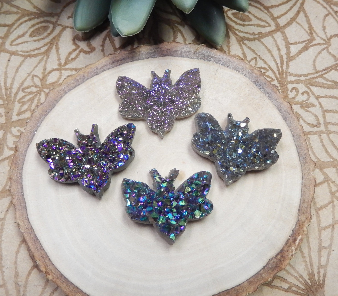 4 Titanium Cabochon Druzy Bumblebee Undrilled Pendants pictured together for color and size reference