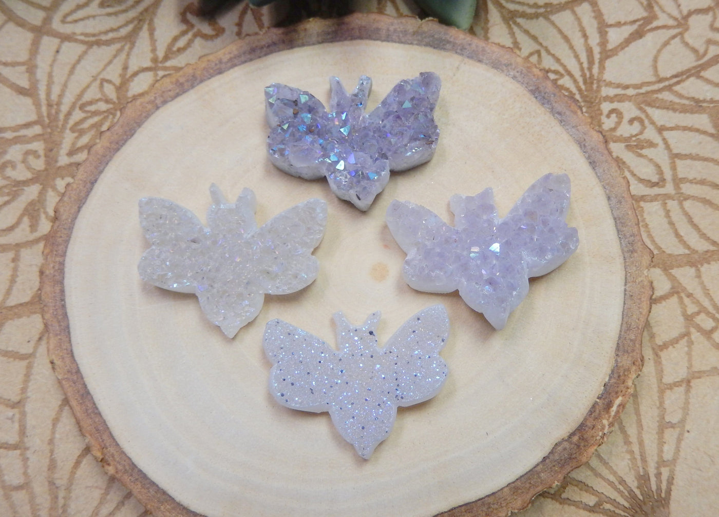 4 Titanium Cabochon Druzy Bumblebee Undrilled Pendants shown together to show variation of product