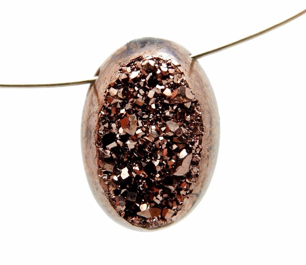Brown Colored Titanium Oval Shaped Druzy Cabochon side drilled shown here with a wire through