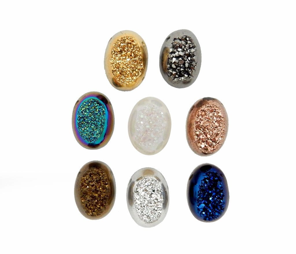 Brown Colored Titanium Oval Shaped Druzy Cabochon shown here in an assortment of colors available such as black diamond rainbow white shimmer gold bronze platinum mystic blue