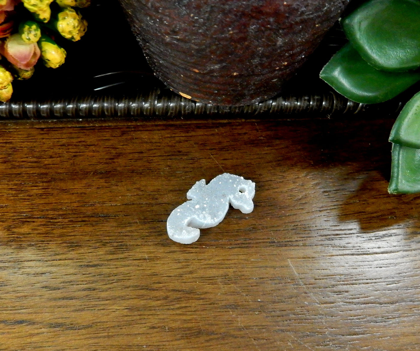 1 druzy seahorse cabochon on wooden table with decorations