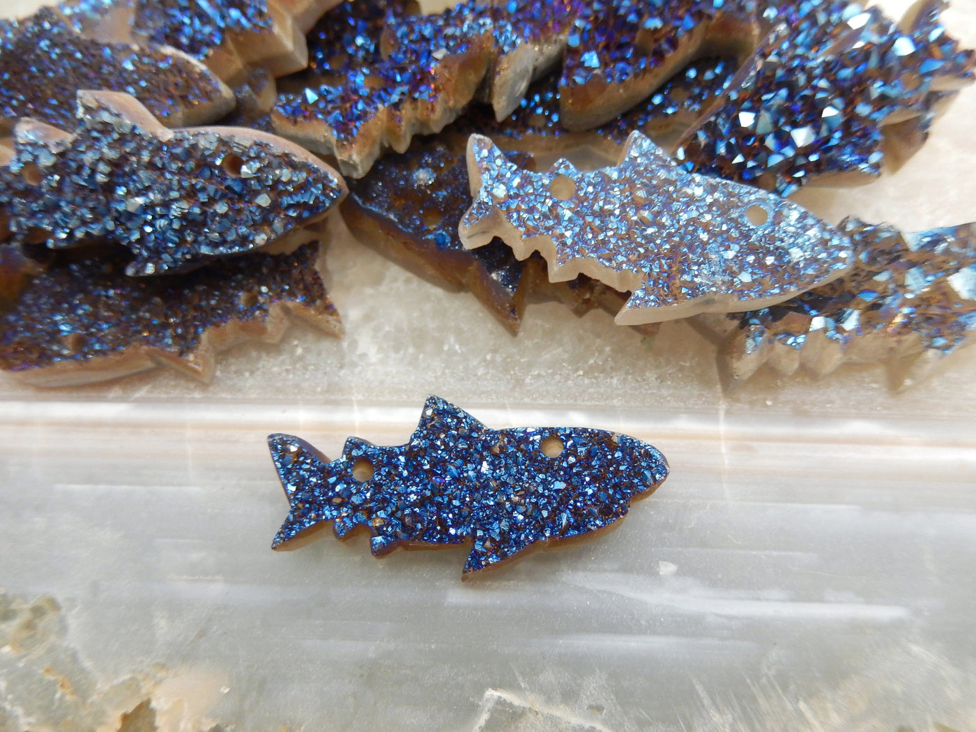 Mystic Blue Shark Fish Cluster Cabochon with others in the background