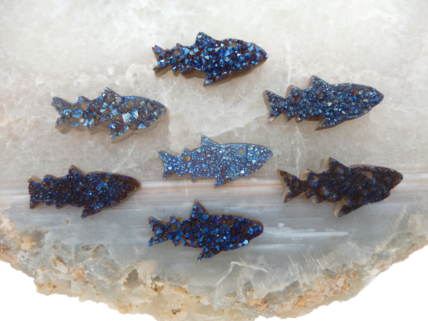 7 Mystic Blue Shark Fish Cluster Cabochons on agate slice
