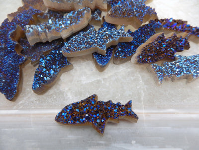 Druzy Shark - Mystic Blue Shark Fish Cluster Cabachon -  top and side view of multiple druzy sharks showing detail and thickness for reference 